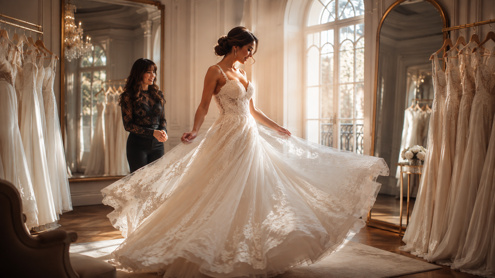 Sposa che fa ruotare l’abito in tulle davanti allo specchio dell’atelier, con la consulente Le Mariage